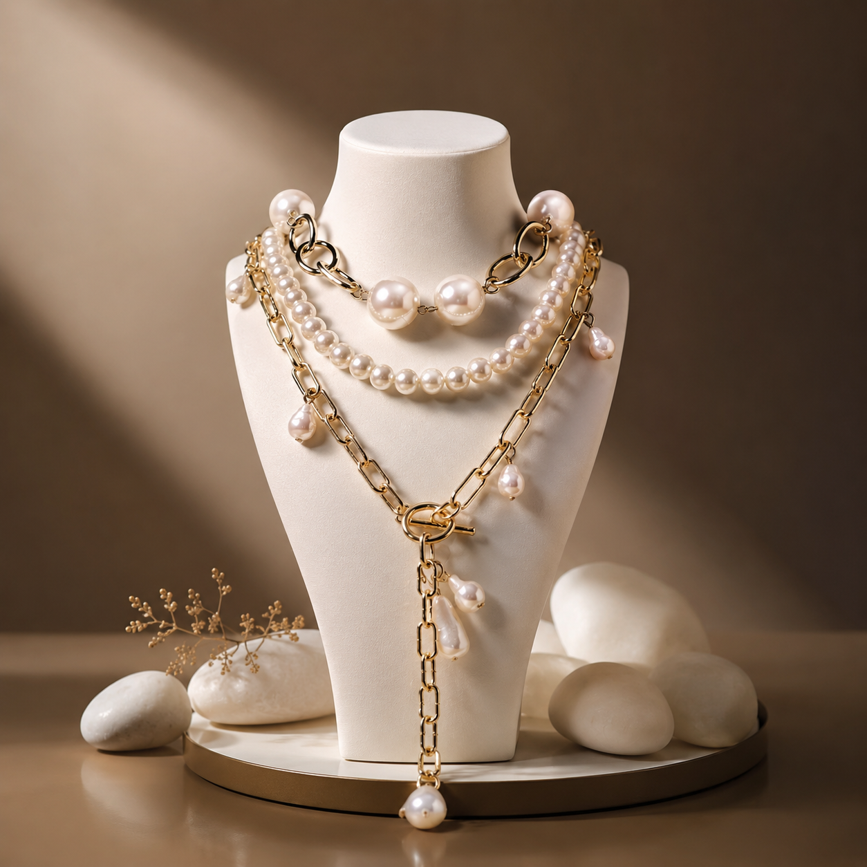 Triple Layer Pearl Charm Necklace
