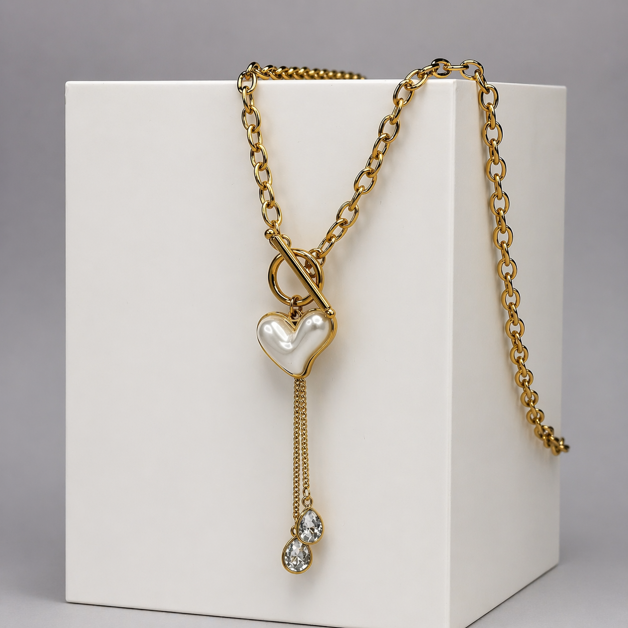 Pearl Heart Charm Necklace & Bracelet Set
