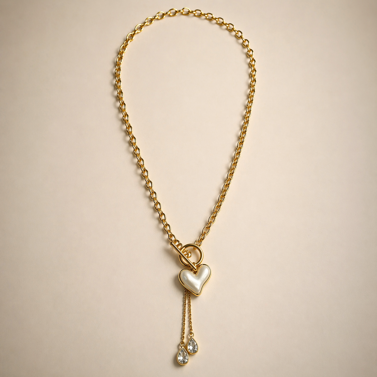 Pearl Heart Charm Necklace & Bracelet Set