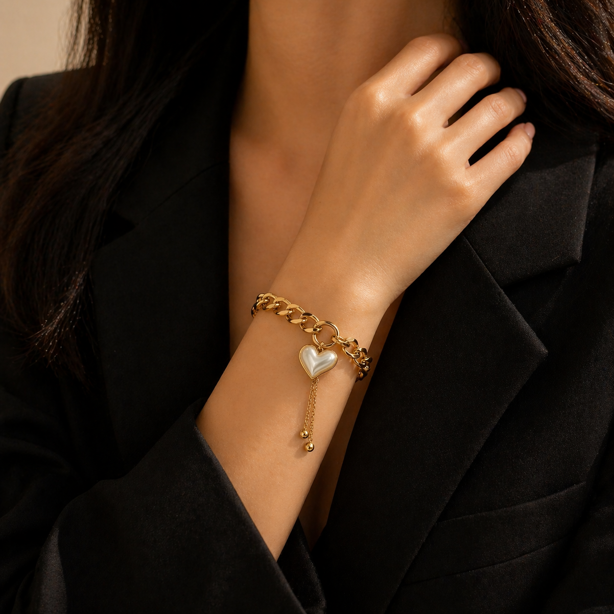 Pearl Heart Charm Necklace & Bracelet Set