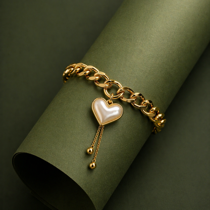 Pearl Heart Charm Necklace & Bracelet Set