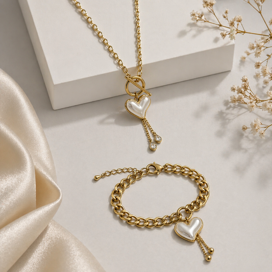 Pearl Heart Charm Necklace & Bracelet Set