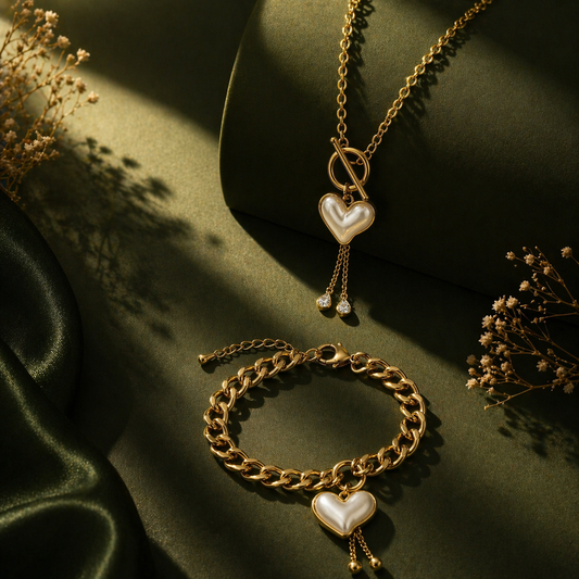 Pearl Heart Charm Necklace & Bracelet Set