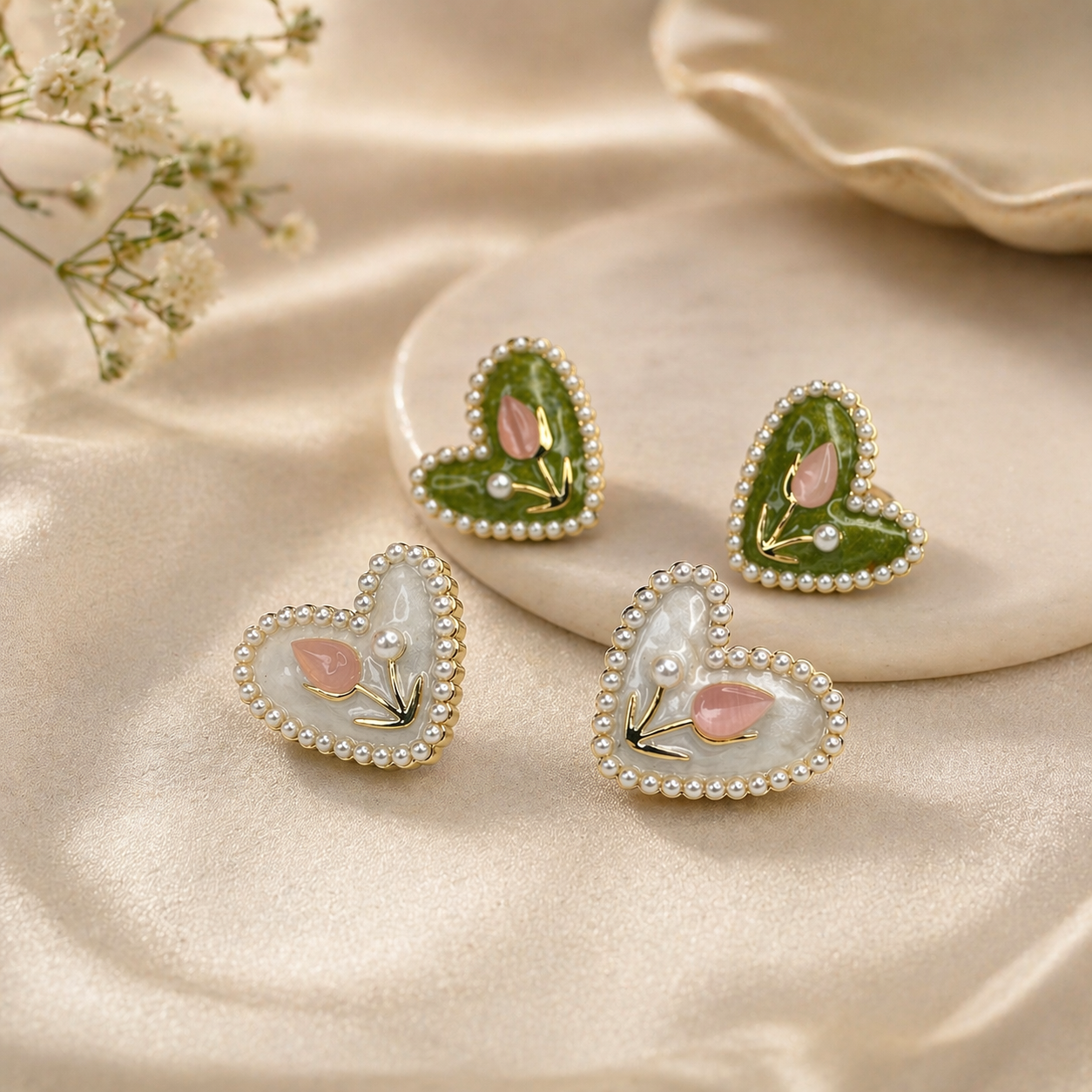 Dual Color Heart Pearl Earrings